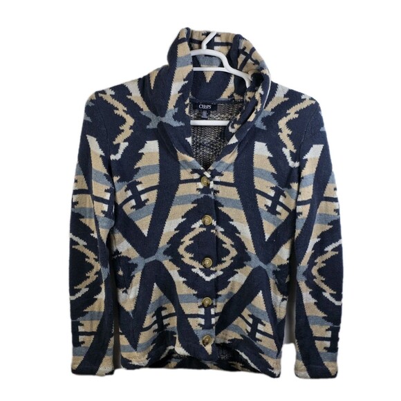 Chaps Women's Large Knit Western Weave Blue / White/ Creme Cardigan - Picture 1 of 8